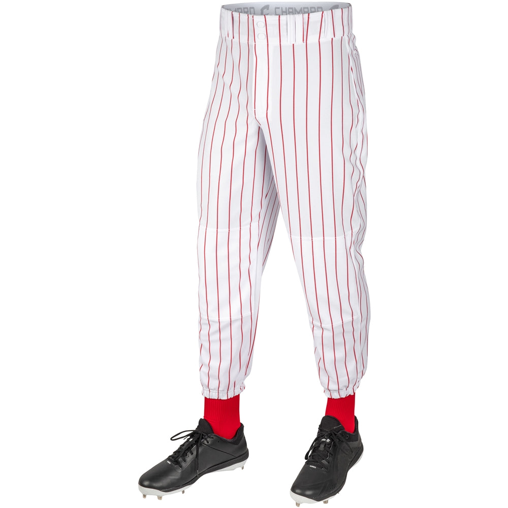 Champro Youth Triple Crown Pinstripe Baseball Pants, White, Scarlet Pin / S