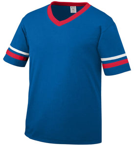 Augusta Royal Blue/Red/White Youth Sleeve Stripe V-Neck Baseball Jersey