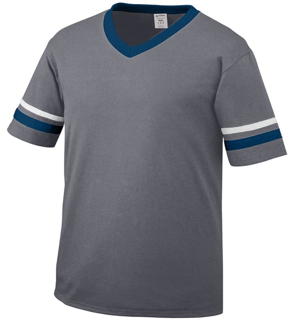Augusta Graphite/Navy/White Youth Sleeve Stripe V-Neck Baseball Jersey
