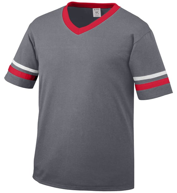 Augusta Graphite/Red/White Youth Sleeve Stripe V-Neck Baseball Jersey
