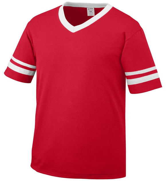 Augusta Red/White Adult Sleeve Stripe V-Neck Baseball Jersey