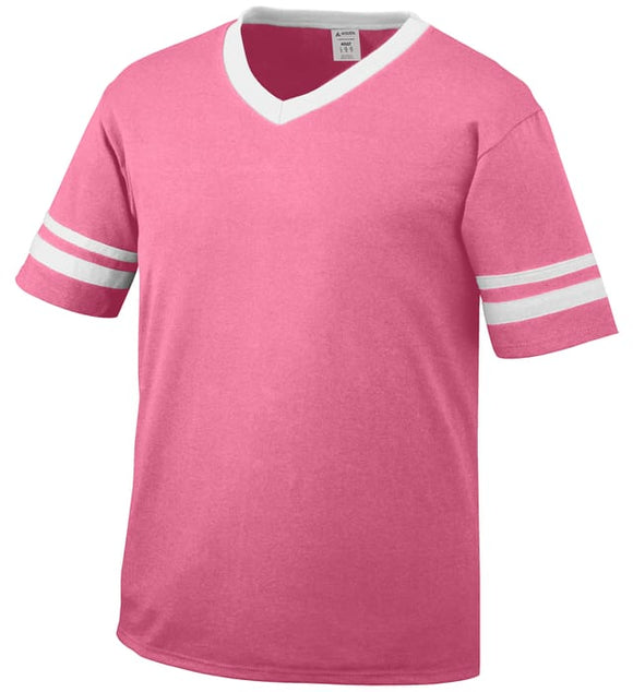 Augusta Pink/White Adult Sleeve Stripe V-Neck Baseball Jersey