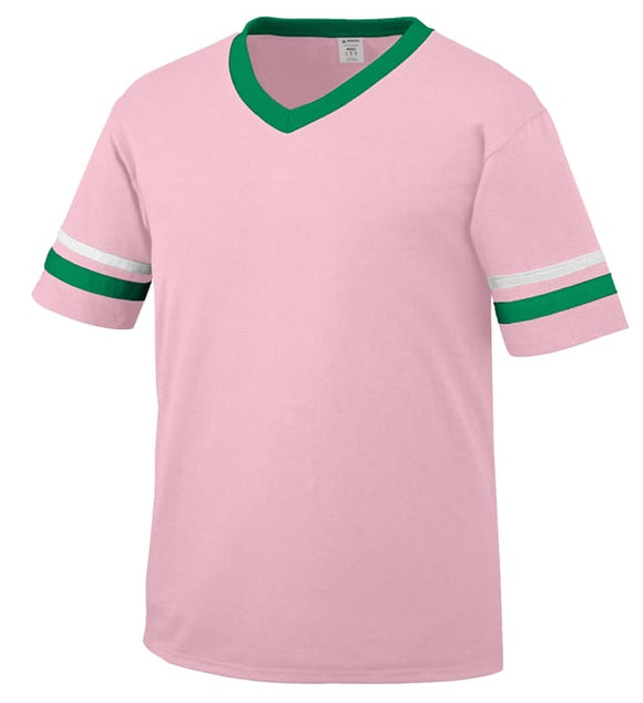 Augusta Light Pink/Kelly Green/White Adult Sleeve Stripe V-Neck Baseball Jersey