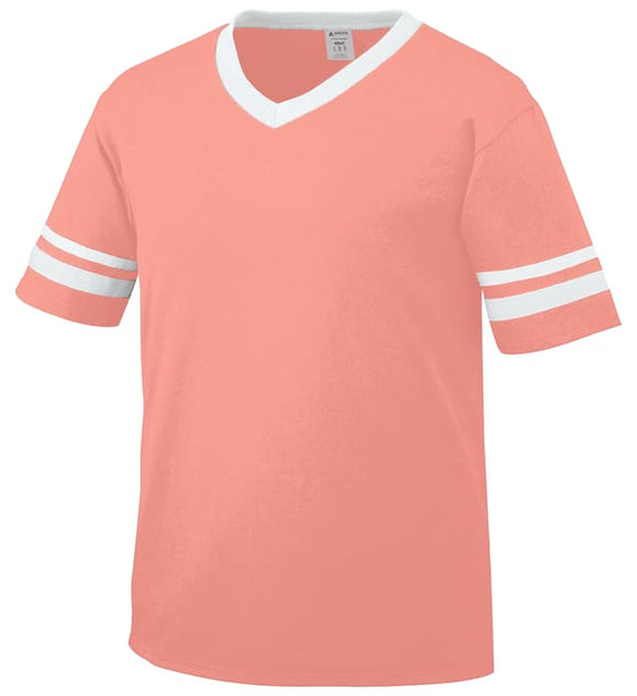 Augusta Coral/White Adult Sleeve Stripe V-Neck Baseball Jersey