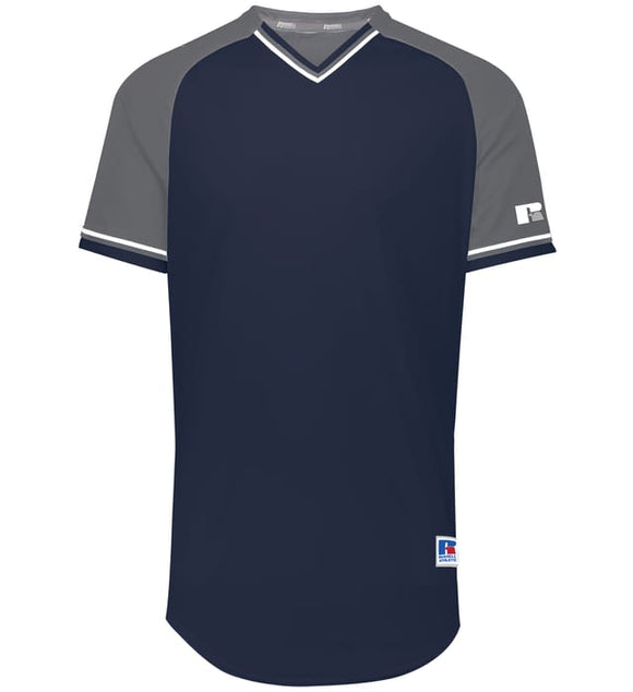 Russell Navy/Steel Grey/White Youth Classic V-Neck Baseball Jersey
