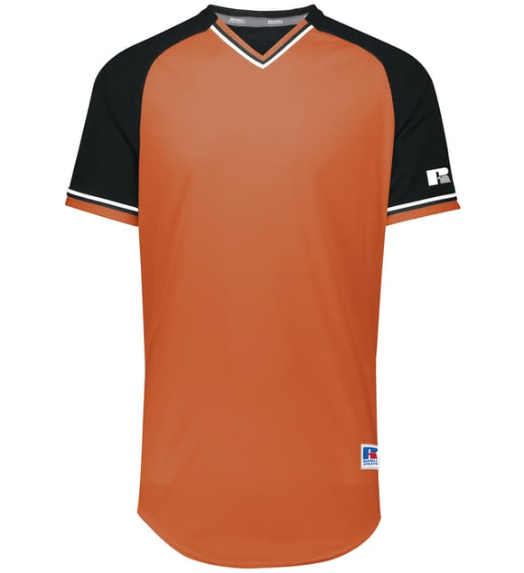 Russell Burnt Orange/Black/White Adult Classic V-Neck Baseball Jersey