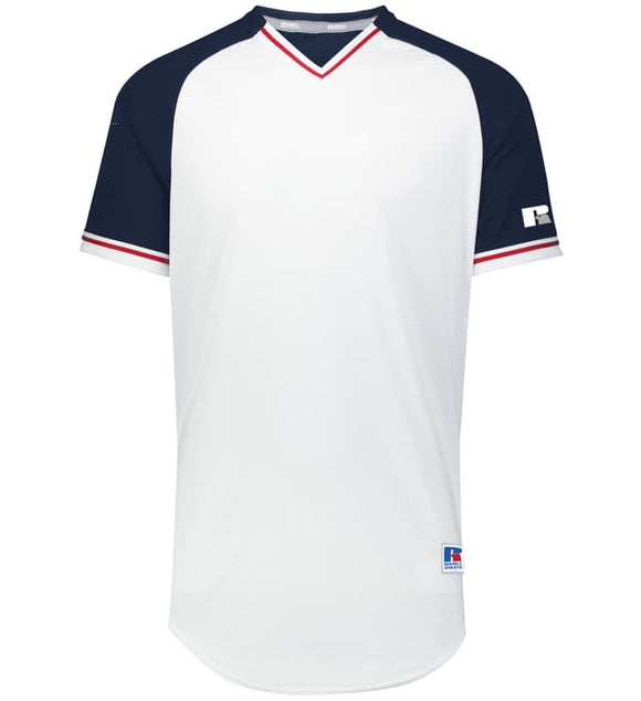 Russell White/Navy/True Red Adult Classic V-Neck Baseball Jersey