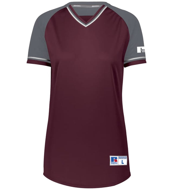Russell Maroon/Steel/White Ladies Classic V-Neck Softball Jersey