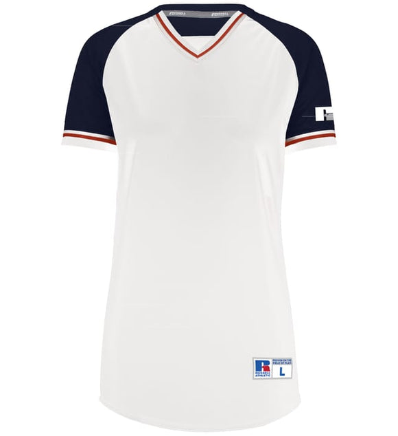 Russell White/Navy/True Red Ladies Classic V-Neck Softball Jersey