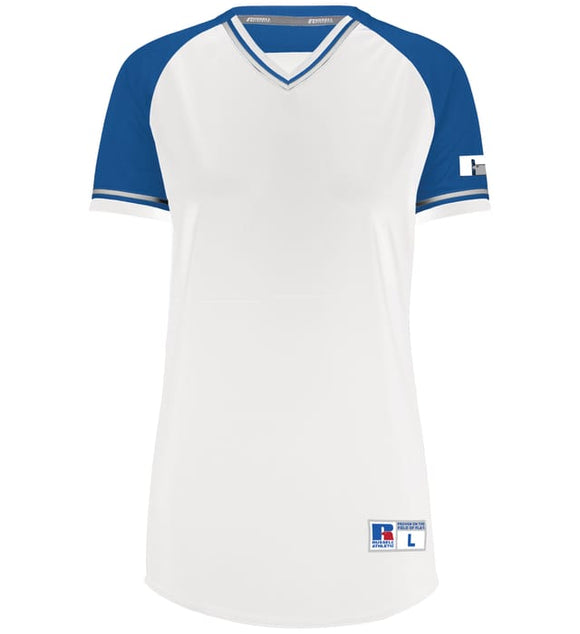 Russell White/Royal Blue/White Ladies Classic V-Neck Softball Jersey