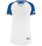 Russell White/Royal Blue/White Ladies Classic V-Neck Softball Jersey