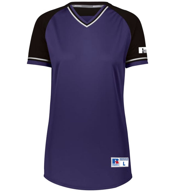 Russell Purple/Black/White Ladies Classic V-Neck Softball Jersey