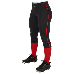 Champro BP11P Tournament Black Traditional Womens Low-Rise Softball Pant with Scarlet/Red Braid