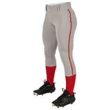 Champro BP11P Tournament Grey Traditional Womens Low-Rise Softball Pant with Scarlet/Red Braid