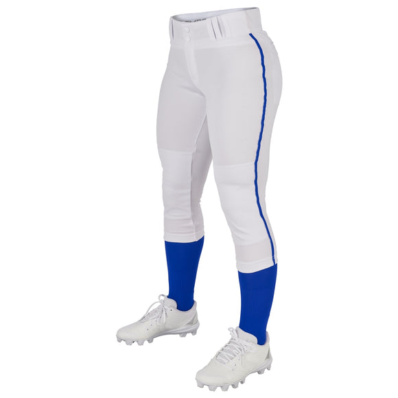 Champro BP11P Tournament White Traditional Girls Low-Rise Softball Pant with Royal Blue Braid