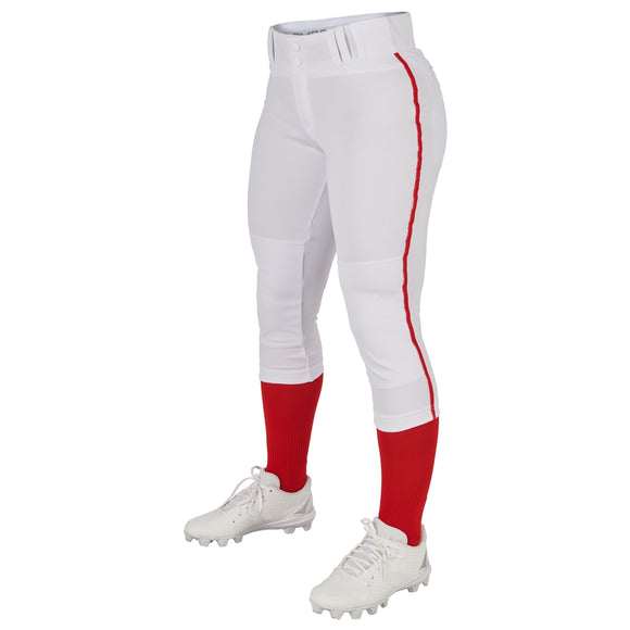Champro BP11P Tournament White Traditional Girls Low-Rise Softball Pant with Scarlet/Red Braid