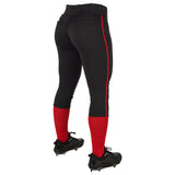 Champro BP11P Tournament Black Traditional Girls Low-Rise Softball Pant with Scarlet/Red Braid