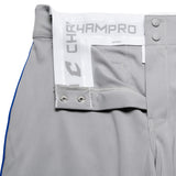 Champro BP91U Grey Triple Crown Open Bottom Youth Baseball Pant with Royal Blue Piping