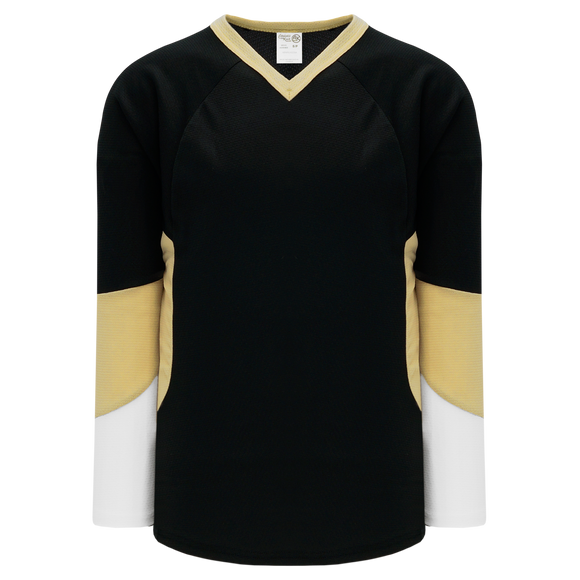 Athletic Knit (AK) H6600A-628 Adult Black/White/Vegas Gold League Hockey Jersey